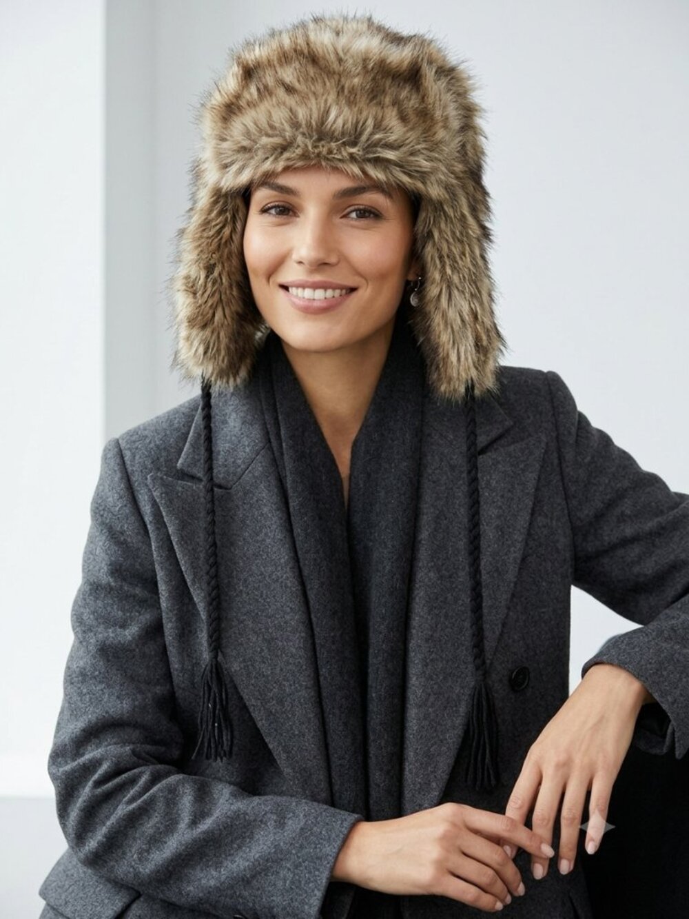 Vtg y2k H&M Faux Fur Trapper Hat Taupe outdoors apres ski winter Fall